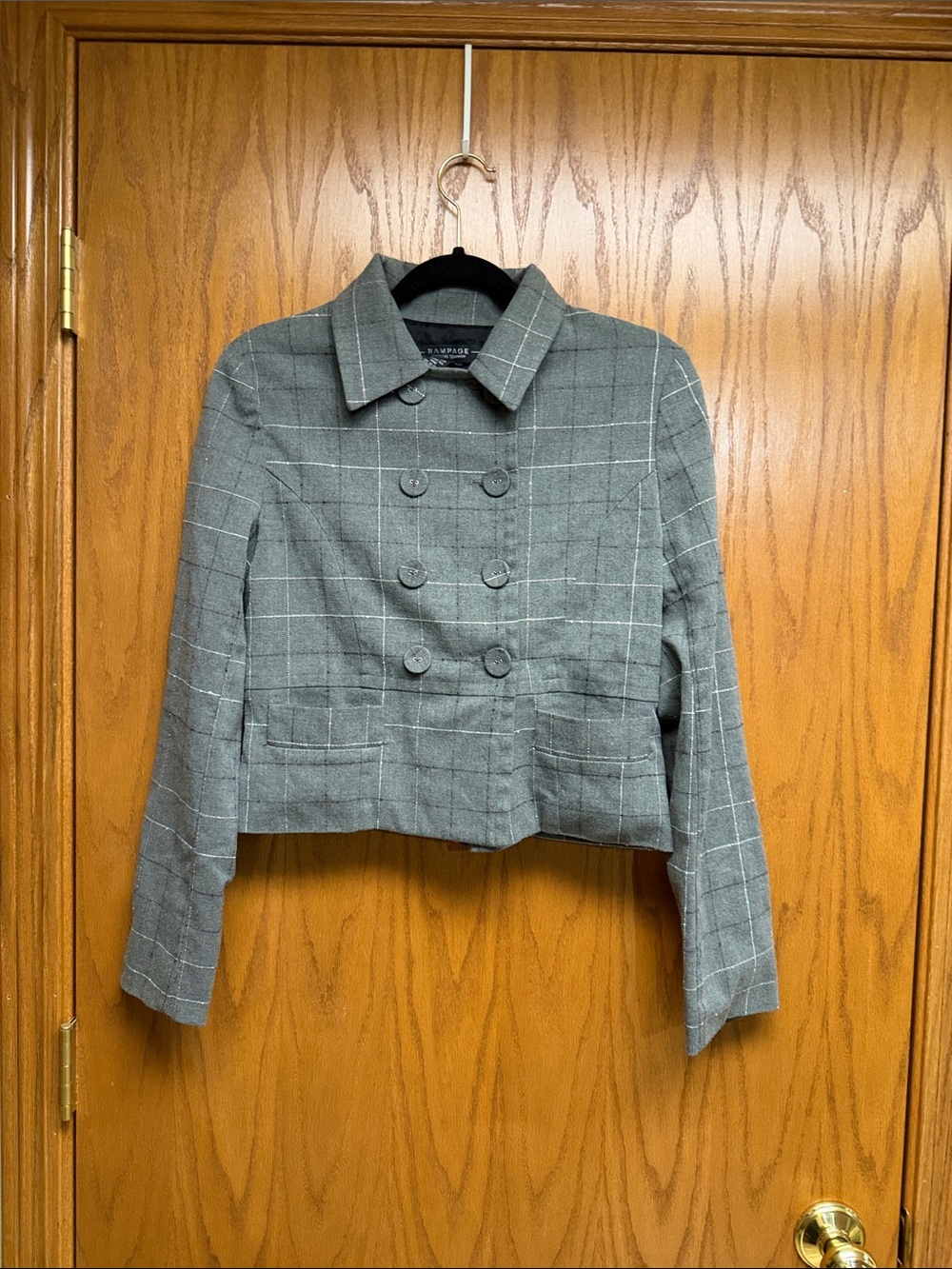 Windowpane Double-Breasted Cropped Jacket - Gray
